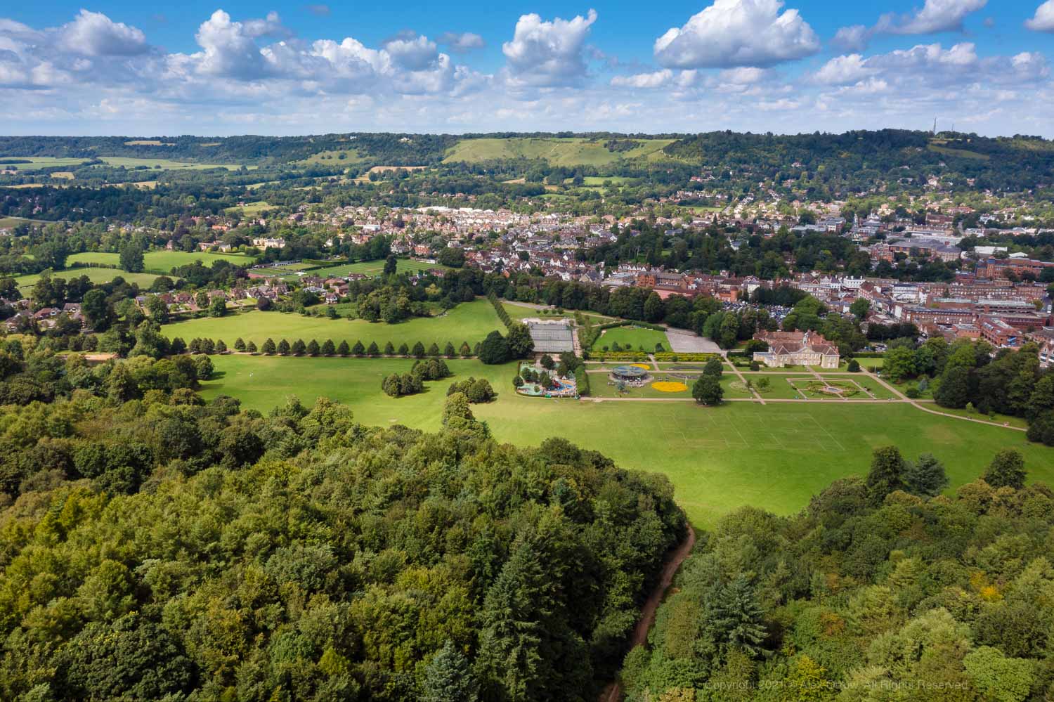 Drone view Reigate Priory park